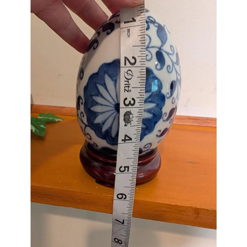 Vintage Blue White Porcelain Egg Chrysanthemum Vine Wood Stand Chinoiserie
